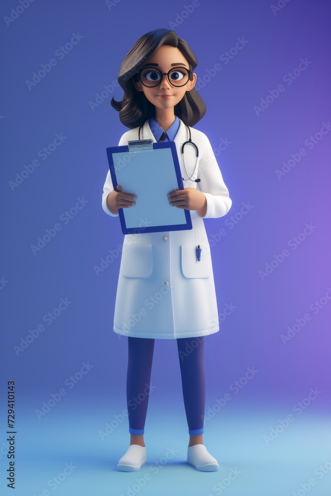 Cartoon character young caucasian woman doctor holds clipboard with blank page wears glasses and uniform. Cartoon character young caucasian woman doctor holds clipboard with blank page wears glasses and uniform.