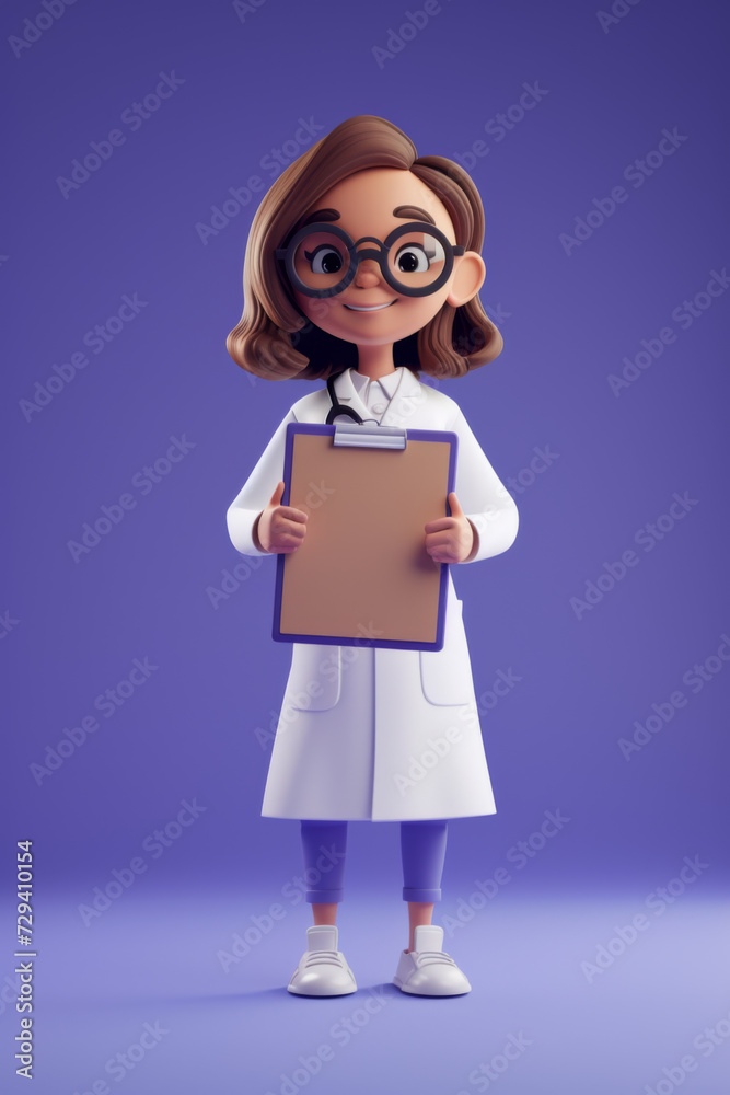 Cartoon character young caucasian woman doctor holds clipboard with blank page wears glasses and uniform. Cartoon character young caucasian woman doctor holds clipboard with blank page wears glasses and uniform.