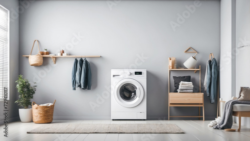 washing machine in a clean room with hud and flying clothes design as wide banner with copy space area © Roman