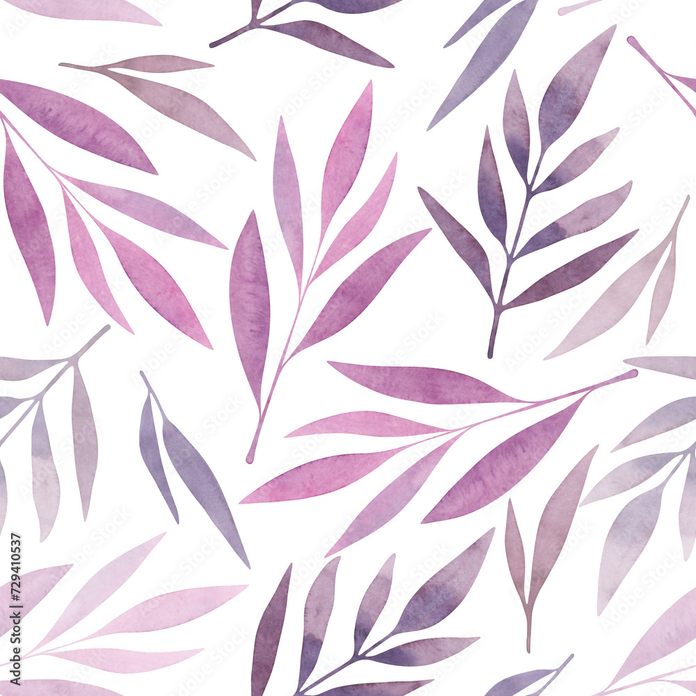 Seamless pattern, lilac tropical leaves on a white background, hand-drawn, pattern pattern. Beautiful background with flying leaves. Template for design, decoration, fabric, wrapping paper, wallpaper.