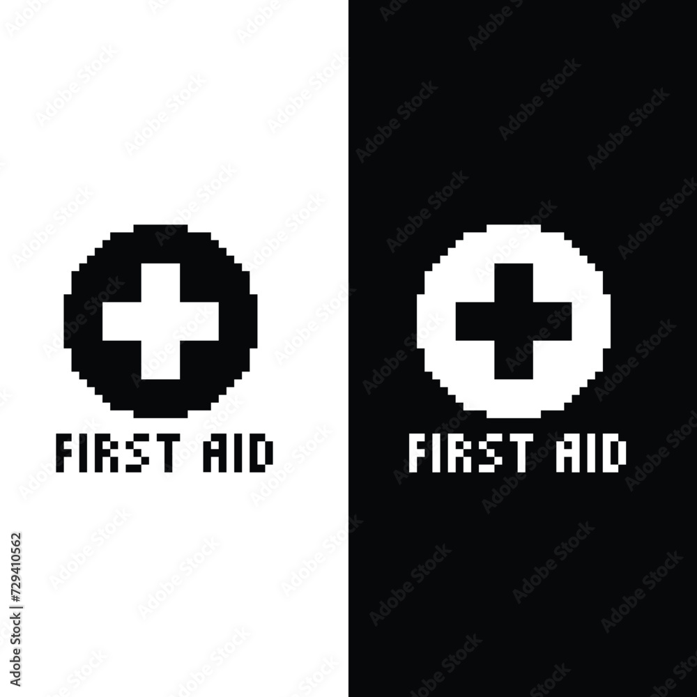 Obraz premium pixel firs aid icon. Vector pixel art medical 8 bit game logo for company 