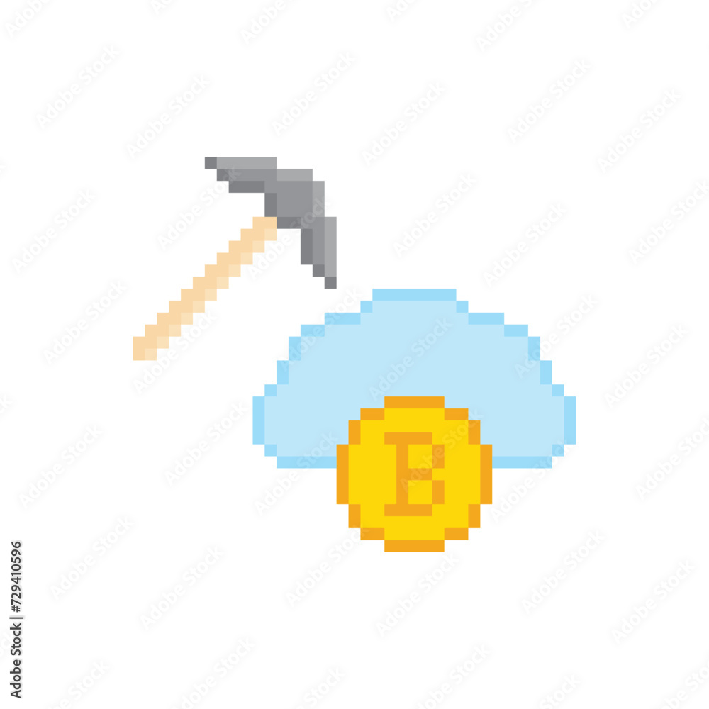 Fototapeta premium Bitcoin mining icon 8 bit, pixel art cryptocurrency icon