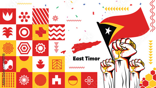East Timor national day banner with East Timorese flag colors theme and geometric abstract retro modern blue black background white design. East Timor Flag for Independence Day. photo