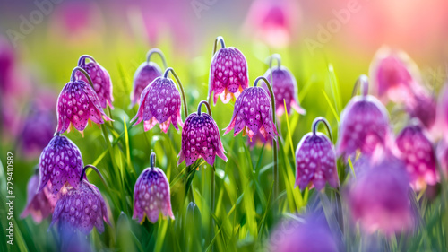 Purple and pink checkered Fritillaria Meleagris in a fresh spring setting photo