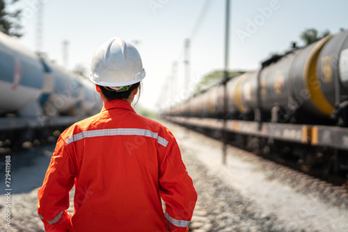 Back from a female engineer in safety working uniform, wearing peotective helmet is standing on crude oil or chemical freight cargo train. Ready to working in challenge logistic industrial concept. photo