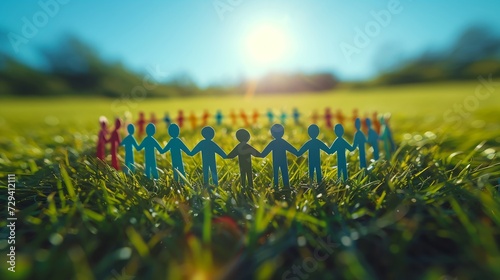 Unity and teamwork symbolized by colorful paper figures holding hands on grass photo