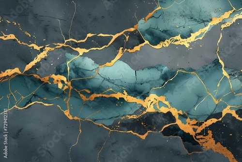Blue gold abstract background of marble liquid ink art painting on paper. Image of original artwork watercolor alcohol ink paint on high quality paper texture.