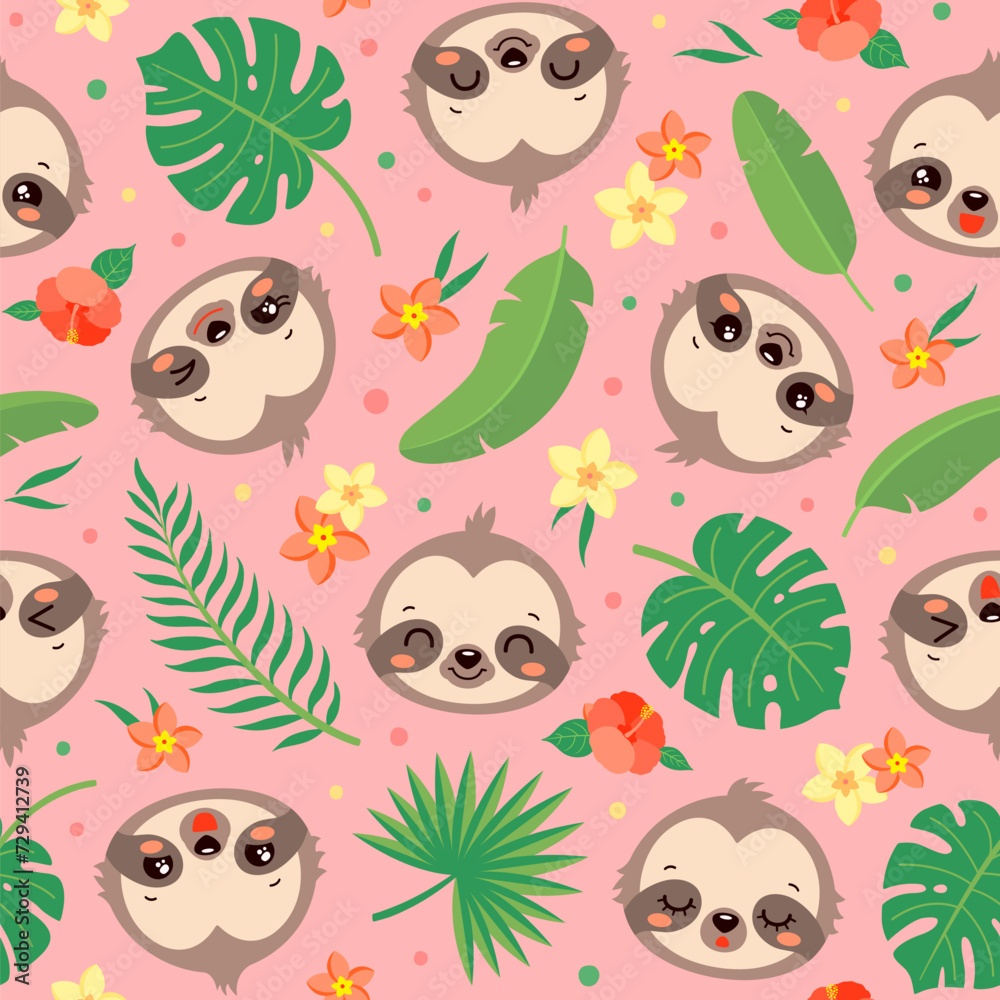 Cute animal seamless pattern with baby sloth. Colorful vector illustration. Safari animal, tropical plants. Fun childish repeat design for children textile fabric print, wallpaper, wrapping paper. Cute animal seamless pattern with baby sloth. Colorful vector illustration. Safari animal, tropical plants. Fun childish repeat design for children textile fabric print, wallpaper, wrapping paper.