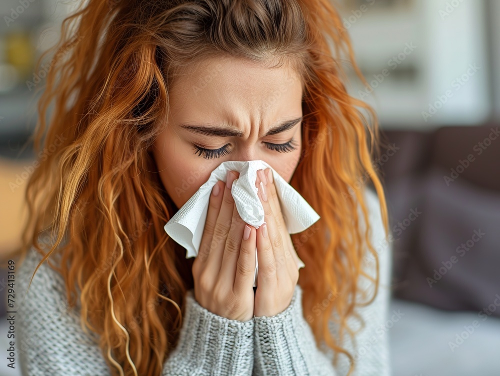 Woman with handkerchief sneezing Woman with handkerchief sneezing