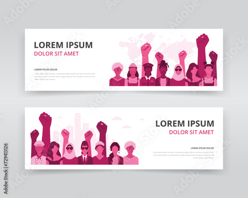 Web banner or header templates featuring group of multi ethnic women from different age groups and various professions, with raised fists. Ideal for women’s day, history month, or equality day