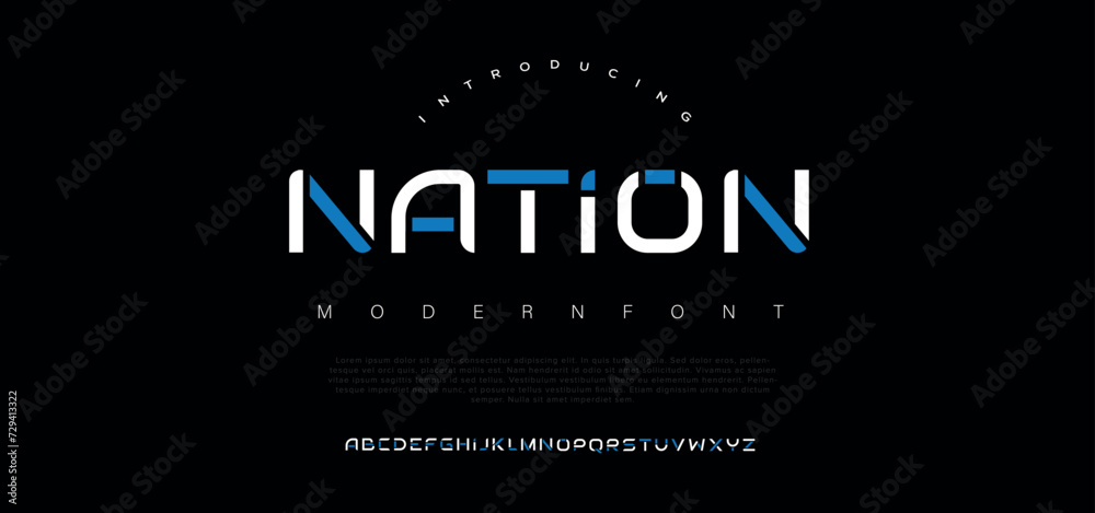 Nation modern alphabet. Dropped stunning font, type for futuristic logo, headline, creative lettering and maxi typography. Minimal style letters with yellow spot. Vector typographic design - obrazy, fototapety, plakaty 