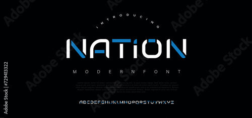 Nation modern alphabet. Dropped stunning font, type for futuristic logo, headline, creative lettering and maxi typography. Minimal style letters with yellow spot. Vector typographic design photo