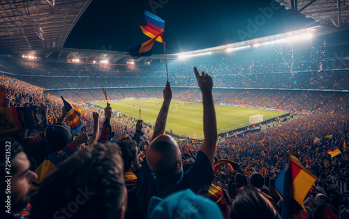 A crowd of enthusiastic football fans, seen from the back, fills a crowded stadium at night © Giordano Aita
