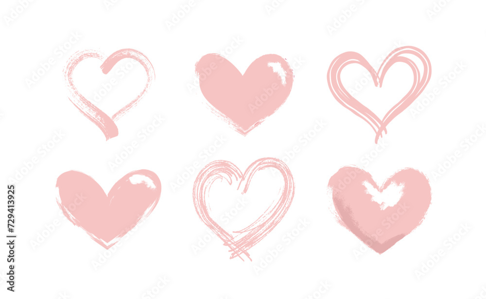 Heart shape illustrations made with brush stroke. Vector collection of hand drawn grunge Valentine hearts. Isolated on white background.