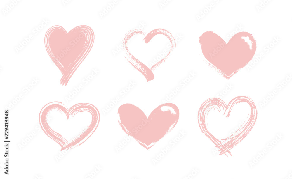 Heart shape illustrations made with brush stroke. Vector collection of hand drawn grunge Valentine hearts. Isolated on white background.