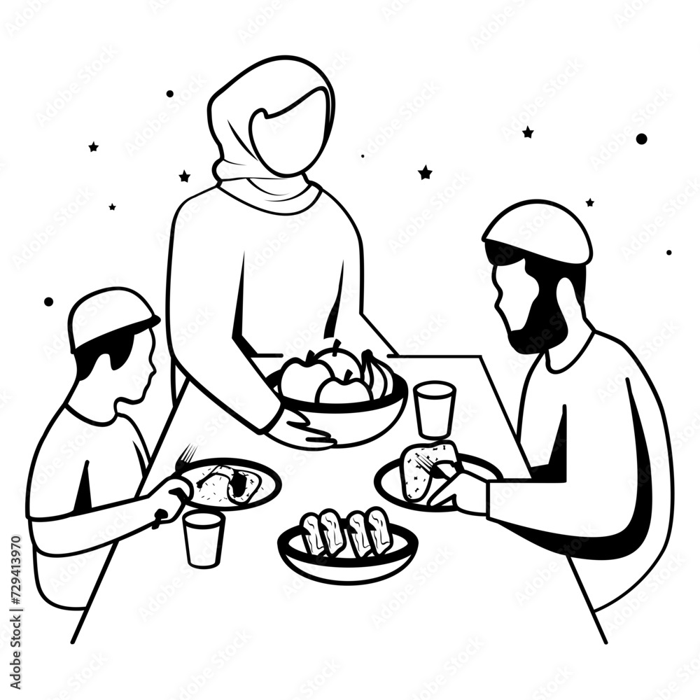 Family taking evening meal and break the fast vector design, Ramadan and Eid al-Fitr Symbol Islamic and fasting Sign, Arabic holiday celebration, Arranging the table with care before iftari concept Family taking evening meal and break the fast vector design, Ramadan and Eid al-Fitr Symbol Islamic and fasting Sign, Arabic holiday celebration, Arranging the table with care before iftari concept