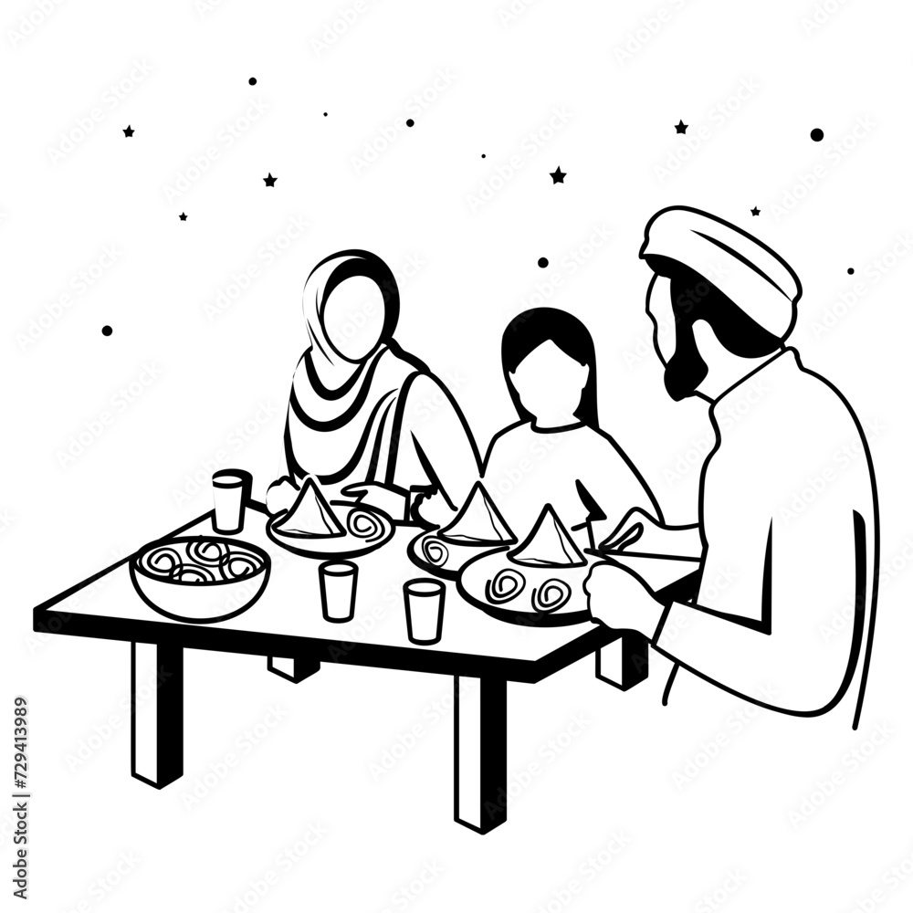 Iftaar time vector design, Ramadan and Eid al-Fitr Symbol, Islamic and fasting Sign, Arabic holidays celebration stock illustration, Muslims Family doing dua before breaking the fast or saheri concept Iftaar time vector design, Ramadan and Eid al-Fitr Symbol, Islamic and fasting Sign, Arabic holidays celebration stock illustration, Muslims Family doing dua before breaking the fast or saheri concept