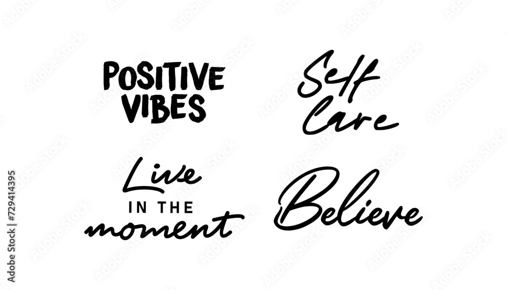 Positive thinking phrases. Motivational and inspirational quotes. Grateful, good vibes and self love.