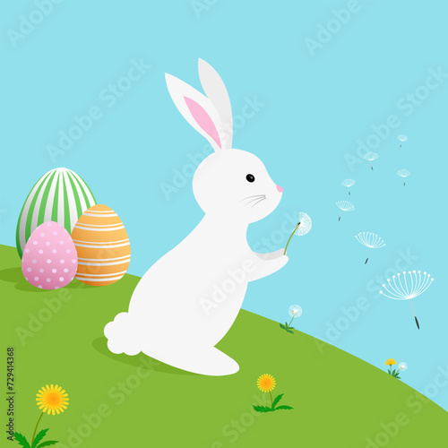 Happy Easter celebration vector illustration, cute white bunny rabbit  blowing dandelion  flower in green grass field spring flower meadow garden on blue sky background with giant colorful egg painted