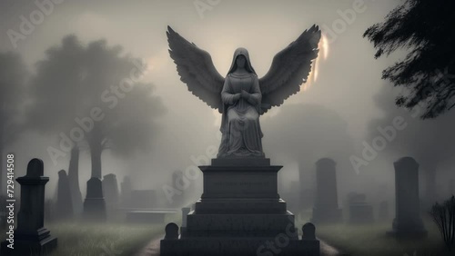 Creepy Foggy Graveyard with Angel Statues photo