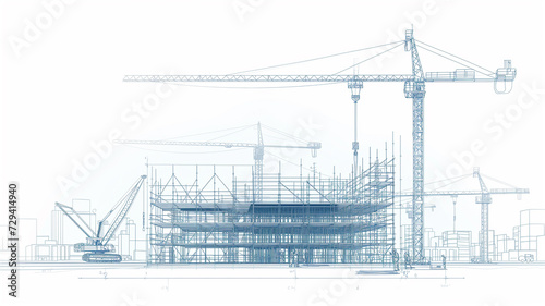 Construction site architectural sketch drawing, detailed rendering of scaffolding, machinery, and workers in action.