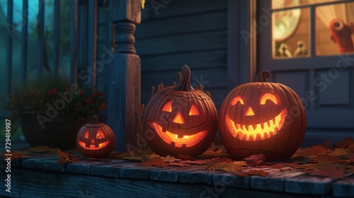 Carved pumpkins on porch in evening light, embodying the spirit of Halloween