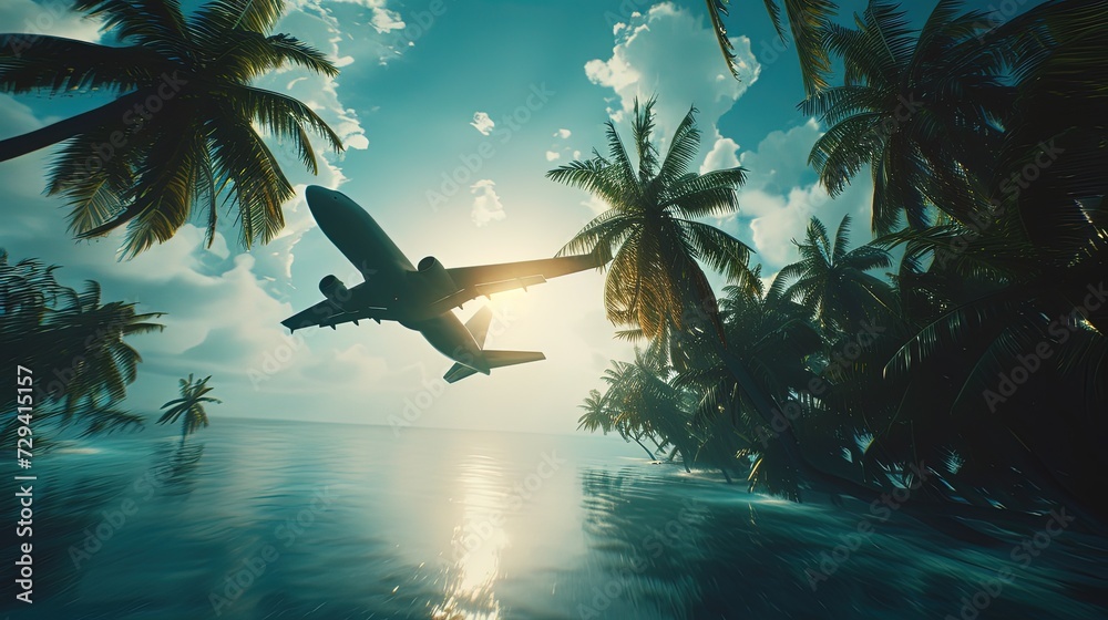 Fototapeta premium A commercial airplane flies low over a tropical landscape, silhouetted against the setting sun amidst the palm trees and ocean.