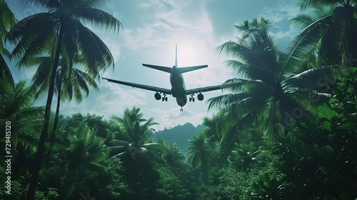 An airplane descends over lush tropical palm trees, signaling the arrival to a secluded island paradise under the bright sky.