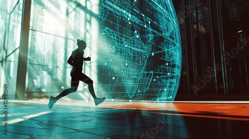 A silhouette of a person running in an urban setting, juxtaposed with a futuristic holographic projection of a world map.