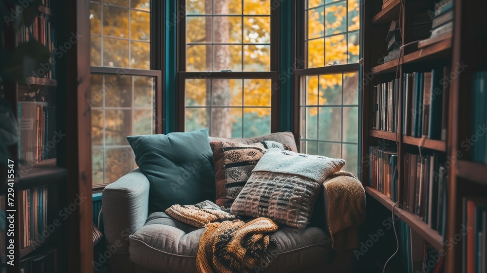 Comfortable reading corner with cushions and a throw blanket by a bookshelf