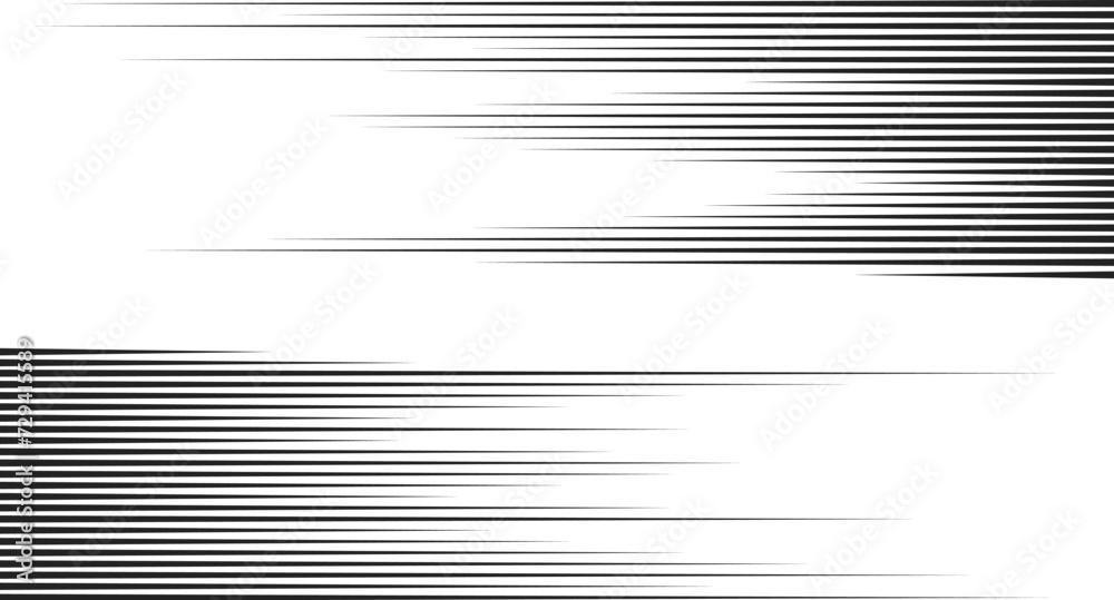 Trendy dynamic horizontal speed lines background. Anime style line backdrop. Comics book frame speed lines. Monochrome manga super hero force movement layout. Simple geometric horizontal stripes. - obrazy, fototapety, plakaty 