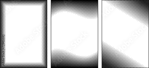 Vertical monochrome halftone dotted frames set. Halftone dots pattern. Simple clean manga style background border. Monochrome dot gradient frames. Blanc place for text in the middle.