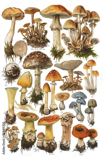 botanical mushroom drawings, vintage, graphic of mushroom specimens. © Ramon Grosso