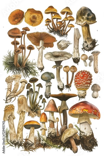 botanical mushroom drawings, vintage, graphic of mushroom specimens. © Ramon Grosso