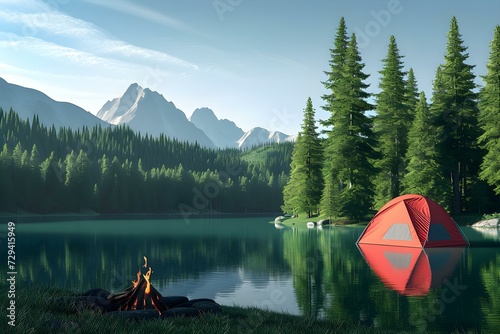 3d Illustration of Summer Tourist Camp in the Forest Near the Lake. Green Landscape of Pines Reflected in the Lake. Campfire and Tourist Red Tent on River Bank. Natural Background With Mountains. © DavidGalih | Dikomo.