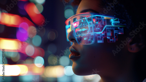 A detailed view of a person in side profile, wearing sophisticated glasses that mirror an intricate holographic display featuring schematics and flowing data.