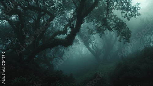A glade bathed in moonlight and enveloped in dense fog  with gentle moonbeams piercing through to cast a mystical glow on the moist forest floor.