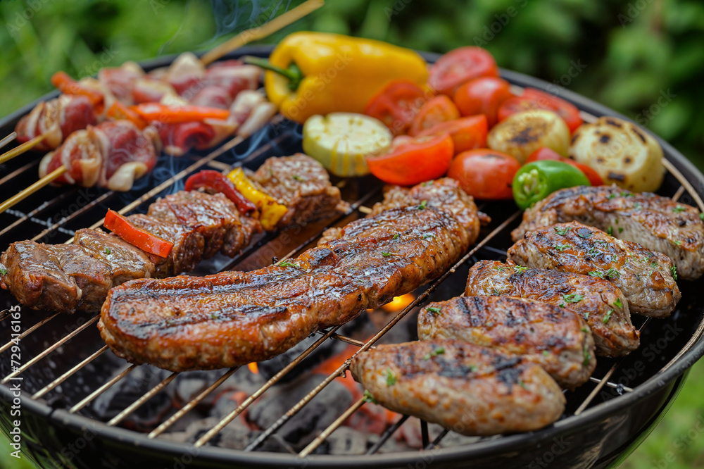 Delicious barbecue food cooking on open gril with Rosemary, Salt and Pepper Delicious barbecue food cooking on open gril with Rosemary, Salt and Pepper