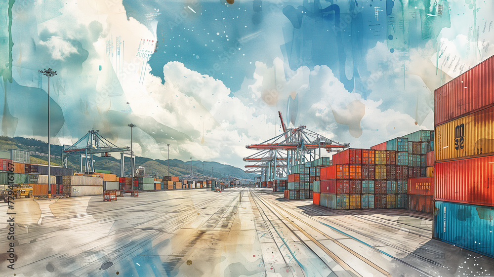 A watercolor depiction featuring a cargo ship loaded with a colorful array of containers, moored in the lively surroundings of a busy harbor port. - obrazy, fototapety, plakaty 