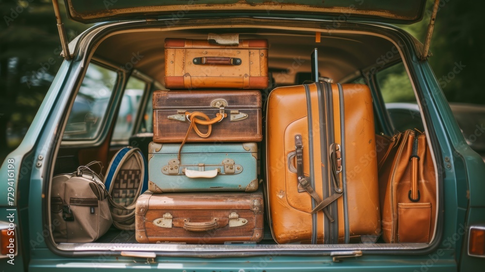 Suitcases and bags in trunk of car ready to depart for holidays