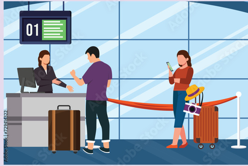 Happy people traveling at airport. Concept of passenger activities at the airport. Colored flat vector illustration isolated.  © Sell Vector