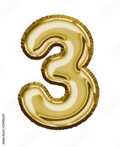Isolated number gold foil balloon effect, number three transparent background 