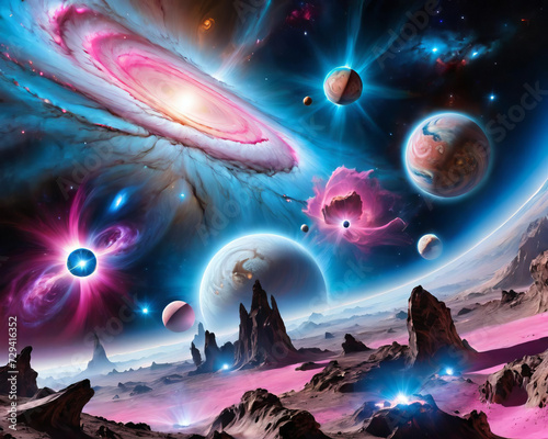 Surreal Cosmic Landscapes - Unreal celestial bodies, cosmic void, distant galaxies, and vibrant luminosity Gen AI photo