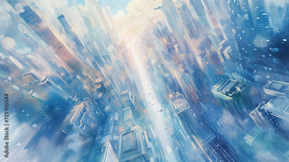 A watercolor painting of a futuristic cityscape, showcasing skyscrapers made of transparent materials.