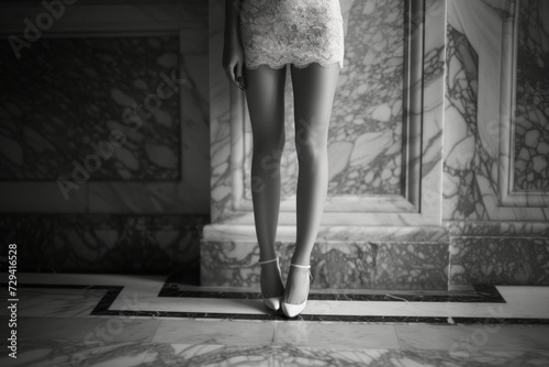 Black and white photo of legs of young woman on white elegant shoes and white short lace dress photo