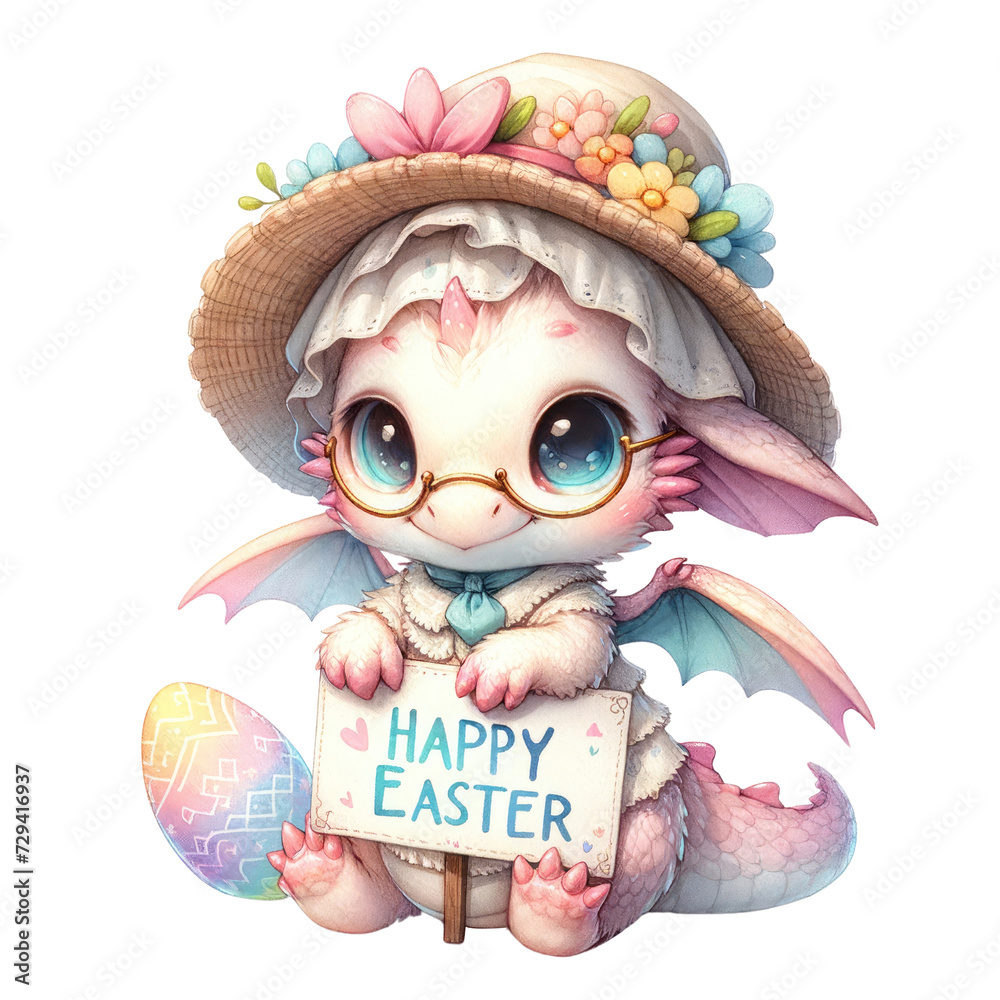 Obraz premium Watercolor cute dragon illustration. easter day Baby dragon PNG