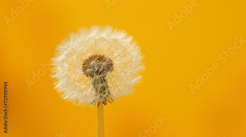 Dandelion with seeds blowing away in the wind across a clear yellow with copy space