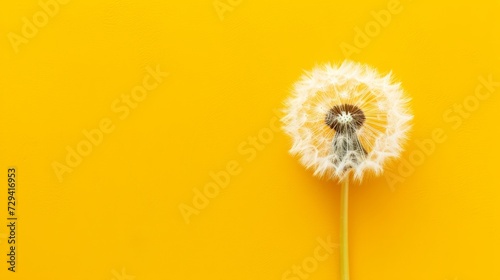 Dandelion with seeds blowing away in the wind across a clear yellow with copy space