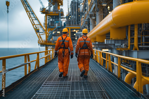 Two offshore workers in orange safety suits and helmets are walking along the metal walkway of an oil rig at sea, inspecting the site.
