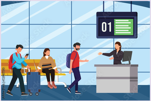Happy people traveling at airport. Concept of passenger activities at the airport. Colored flat vector illustration isolated. 